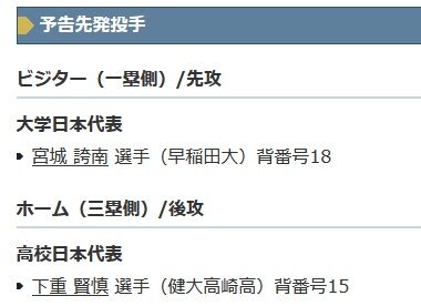 「侍ジャパンU-18壮行試合 高校日本代表 対 大学日本代表」予告先発投手について 「侍ジャパンU-18壮行試合 高校日本代表 対 大学日本代表」予告先発投手について