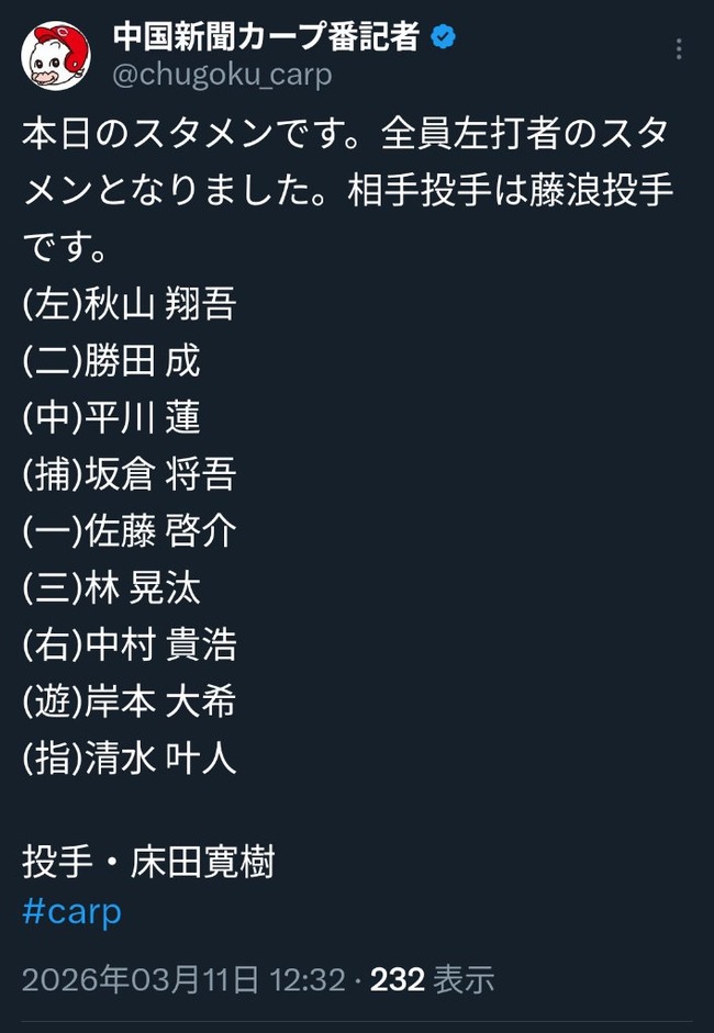 【悲報】広島カープさん、オープン戦でも徹底した藤浪対策をしてしまう
