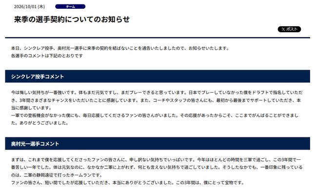 西武、育成契約のシンクレアと奥村光一に戦力外通告