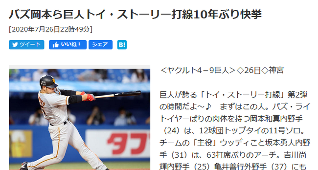 日刊スポーツ バズ岡本ら巨人トイ ストーリー打線10年ぶり快挙 なんじぇいスタジアム なんjまとめ