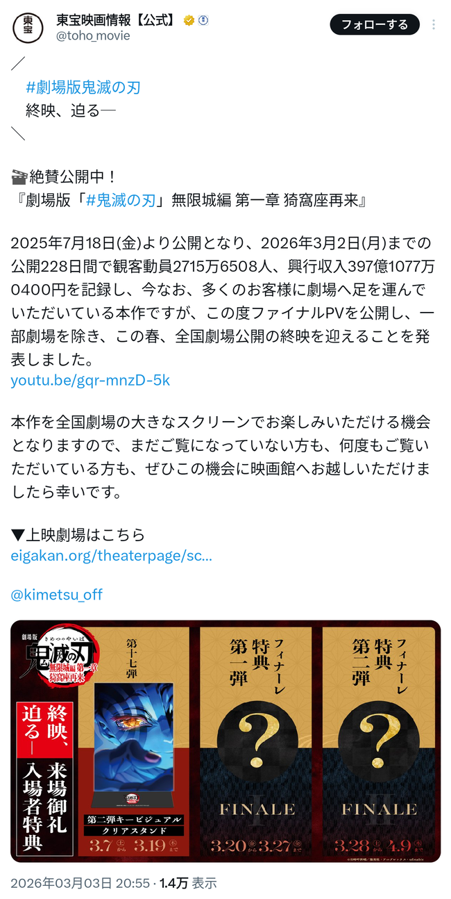 【悲報】映画 鬼滅の刃、終映迫る──