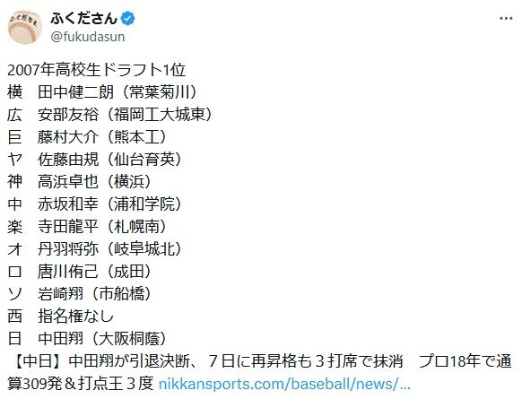 【悲報】2007年高校生ドラフト1位、残りわずかに 【悲報】2007年高校生ドラフト1位、残りわずかに