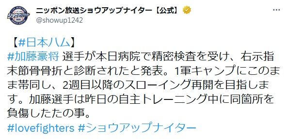 加藤豪将、右示指末節骨骨折