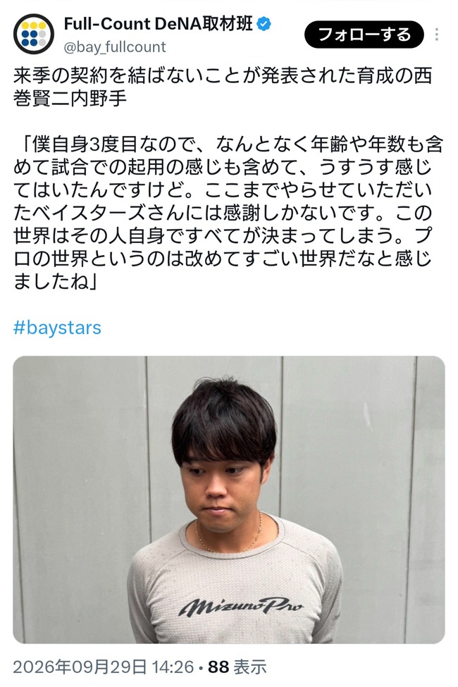 戦力外のDeNA西巻、消沈