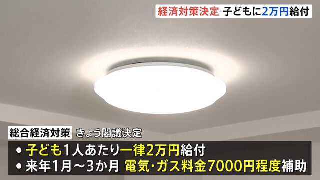 「子ども2万円」「おこめ券など1人3000円」 “家計負担軽減”を強調の経済対策を閣議決定　ガソリン減税や所得税見直しも盛り込む　総額21.3兆円規模