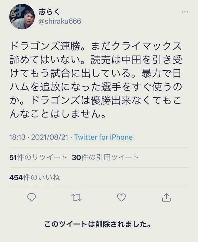 【悲報】中日ファン大物落語家立川志らくさん、数年前のツイートを消してしまう