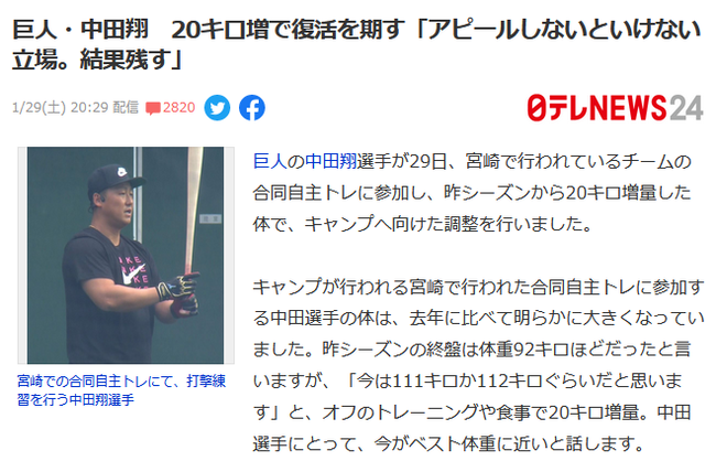 【スター】中田翔の２０キロ増量のニュース、ヤフコメで２０００コメ以上つくmmemmemmewwewwe