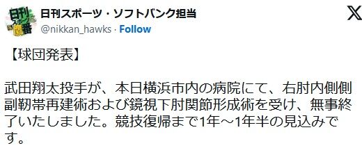 ソフトバンク・武田翔太がトミー・ジョン手術、今季中の復帰は絶望的