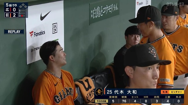 【巨人】初先発の代木大和、５回無失点でプロ初勝利の権利を持って降板
