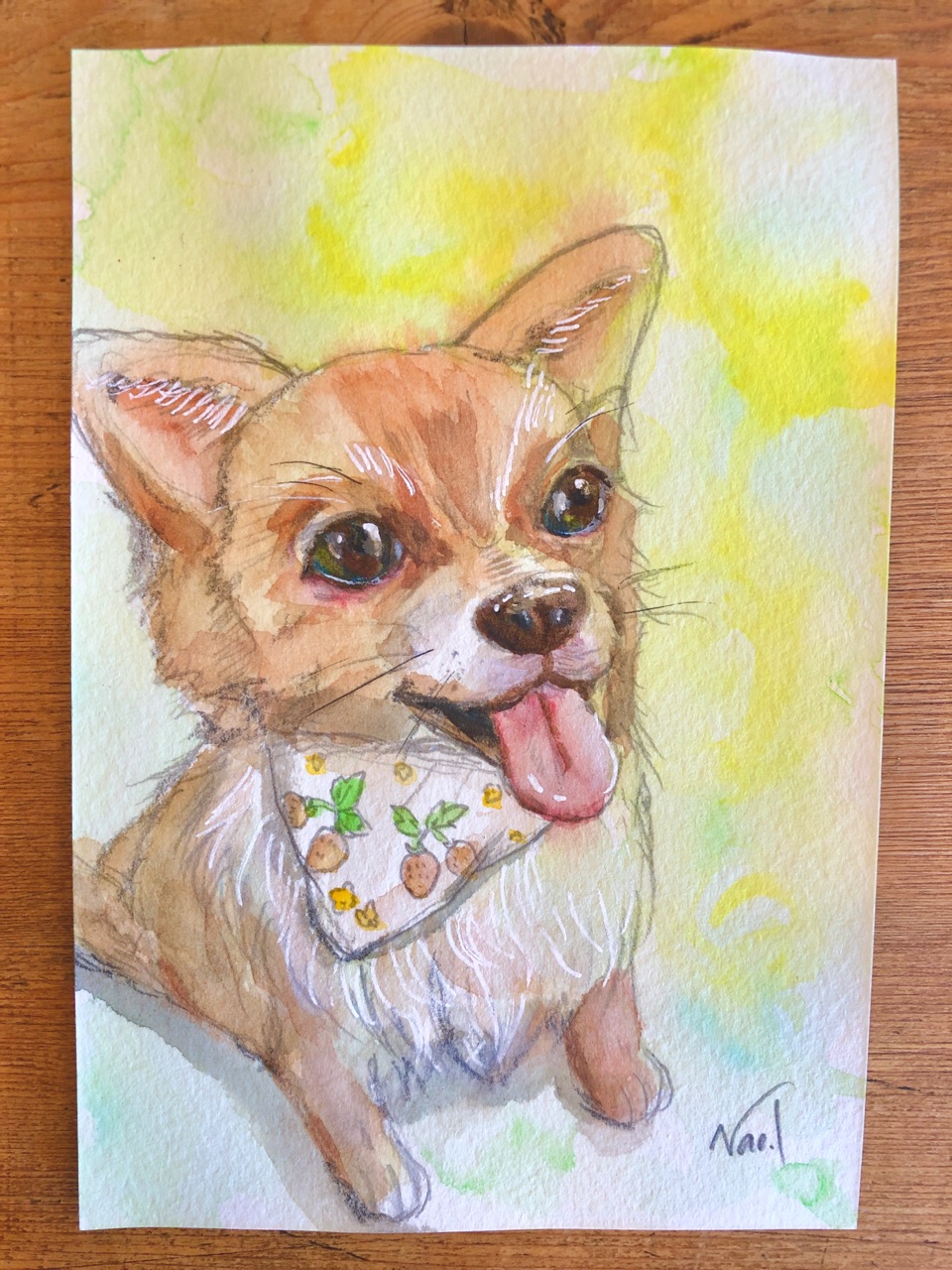 チワワ『いっしょだよ』イラスト絵画（額・マット付き）オリジナル原画