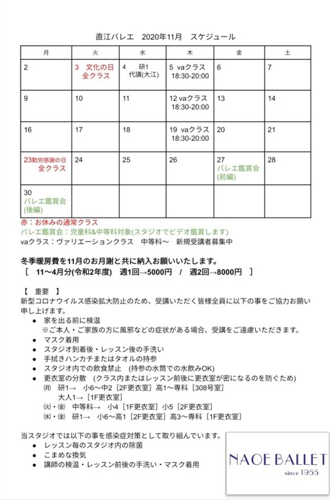2020年11月のスケジュール