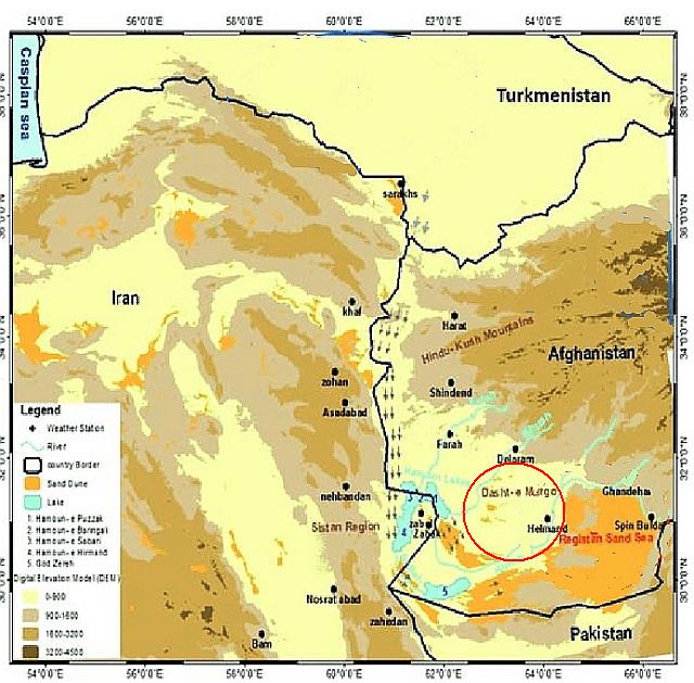 The location of Sistan and Registan desert