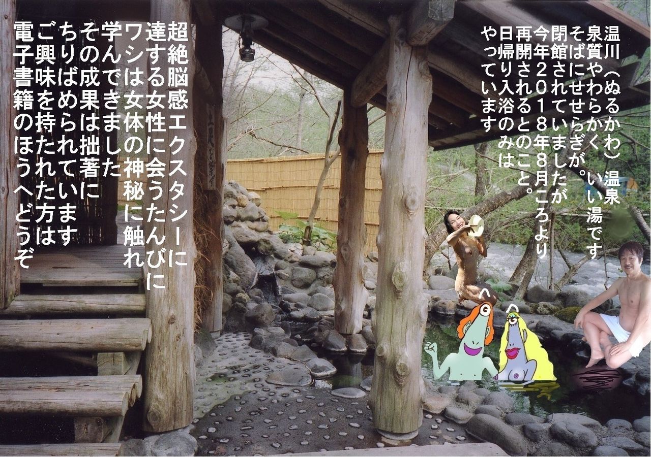 コラージュ戯れ絵 異星人 チボー星のやつら ヒフーとヨーヨ その１１９ 青森県温川温泉 温川山荘 混浴 成田アキラのオンナは女神さま