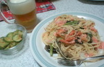 鮭と小松菜と茄子のパスタ