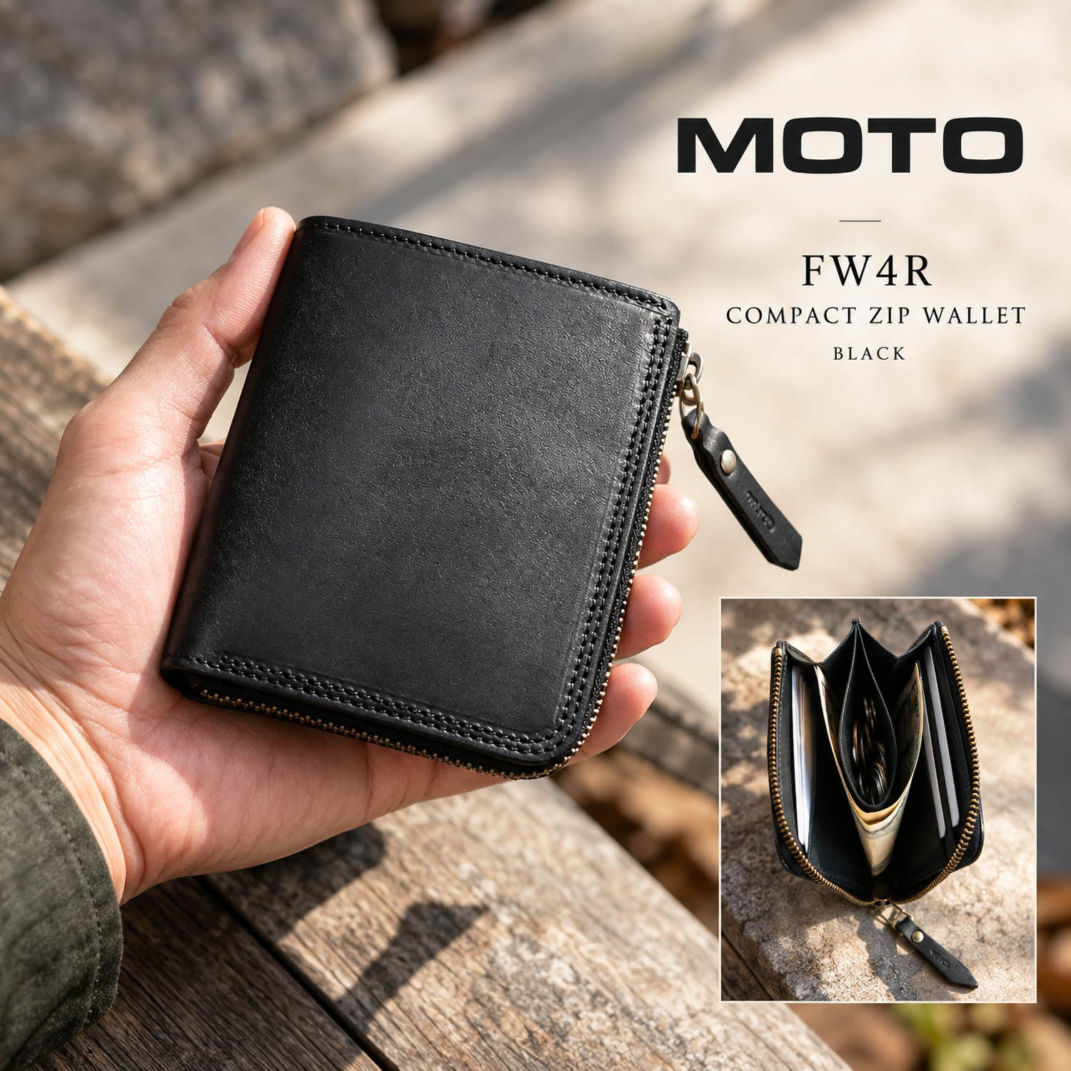 MOTO FW4R コンパクトジップウォレット (ブラック) L字ファスナー財布