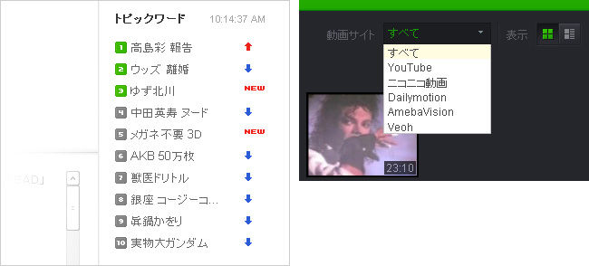 トピックワード、動画検索オプション