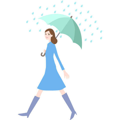 雨の中を傘を差して歩く女性