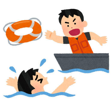 溺れている人に浮き輪を投げる救助員