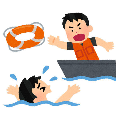 溺れている人に浮き輪を投げる救助員