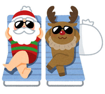 ビーチでくつろぐサンタとトナカイ