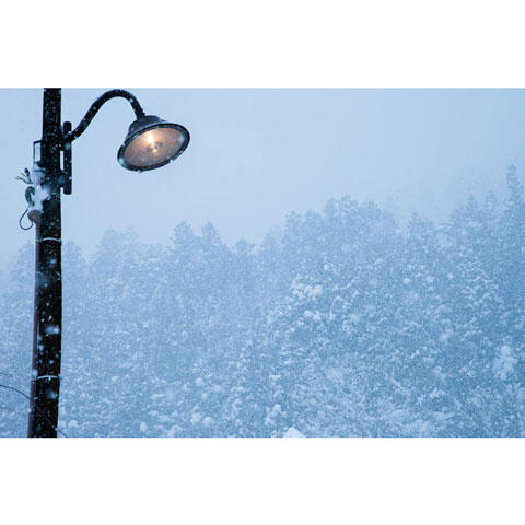 街灯と降り続く雪