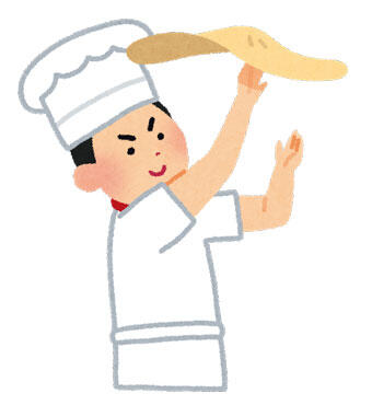 ピザの生地をくるくると回して大きく広げている男性