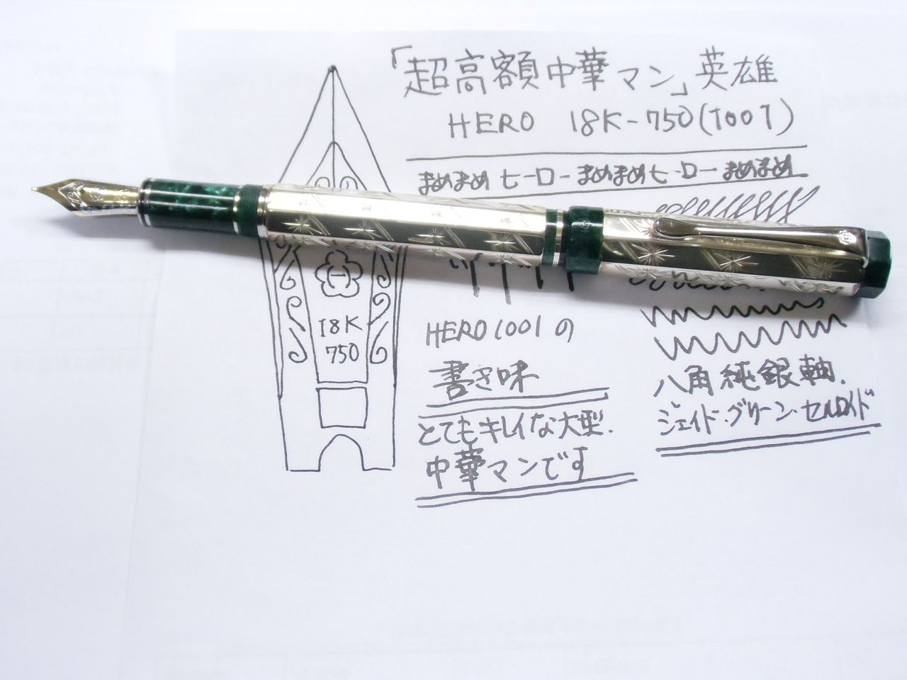 HERO 英雄 ペン先 18K 750 マーブル 緑色の万年筆 金ペン先 F HERO