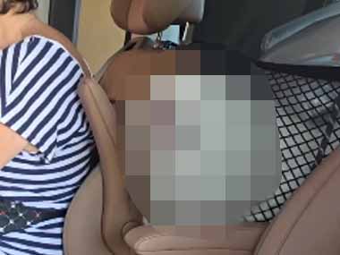 イヌが車の後部座席にいた。何をしているの？ → 仕切りのネットにこうなります…