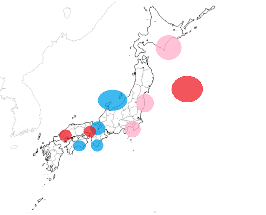 体感と地域別反応のお知らせです