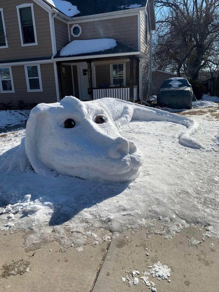 【画像】雪でネバーエンディングストーリーのファルコン作った！！