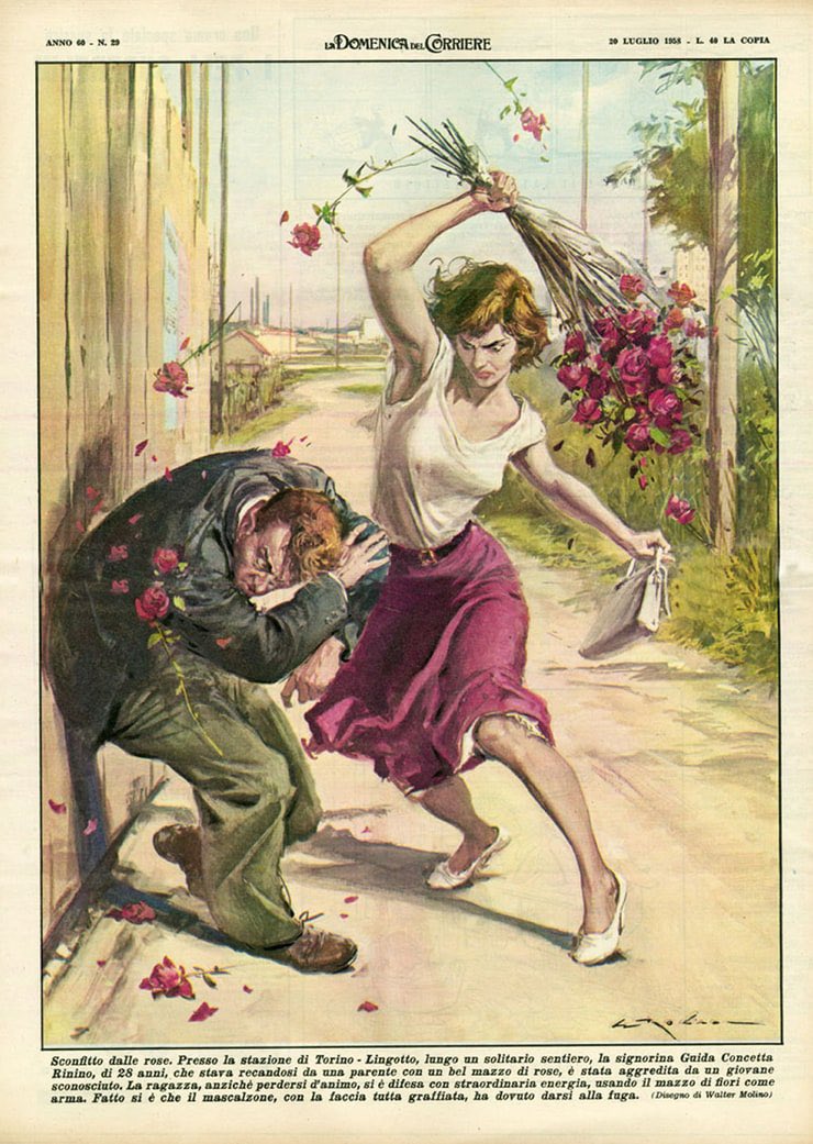 1958年のイタリア、トリノの路地で暴漢に襲われそうになった女性が持っていたバラの花束で撃退したニュースをイラスト化したもの