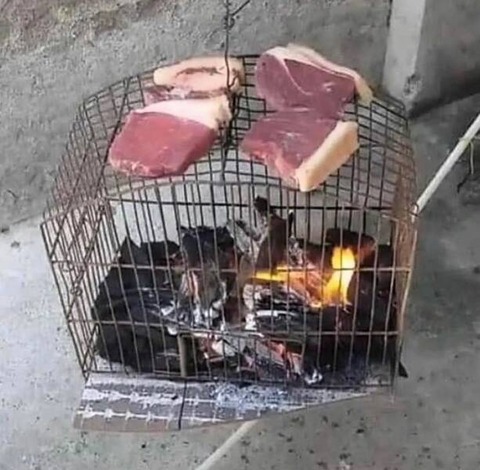 鳥かごで肉の網焼きアイデア