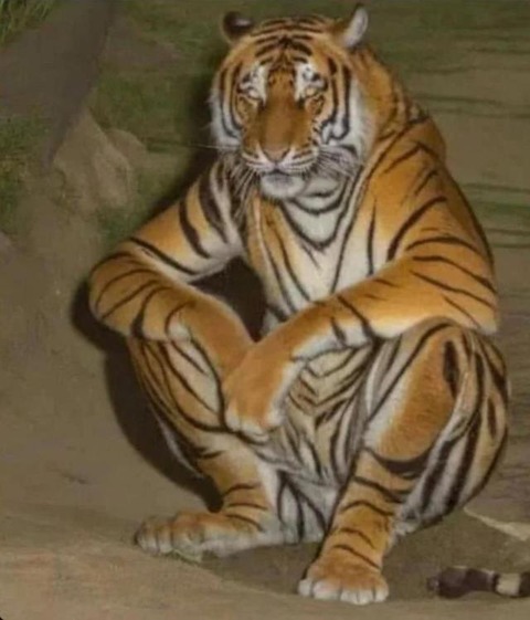 人間みたいにしゃがんでこっちら睨むトラ