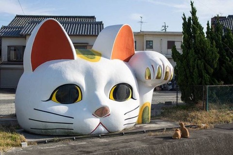 巨大な招き猫とネコ２匹