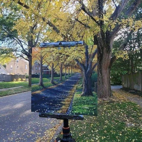写実的に描いた街路樹の道の絵画が凄い！
