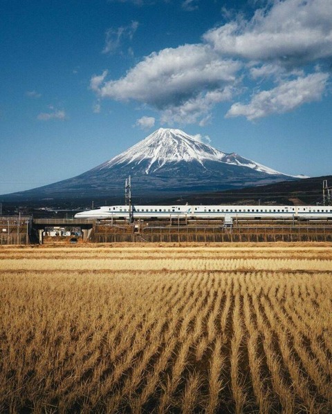 富士山と東海道新幹線の風景写真