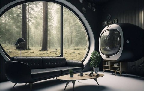 森の中にある丸っこい窓の家、部屋