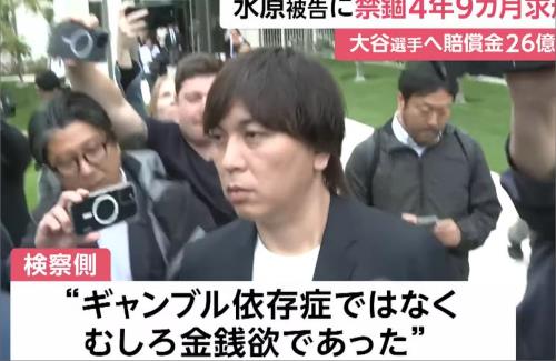 【米検察】水原一平被告に対し、禁錮4年9カ月と賠償金約26億円を求刑