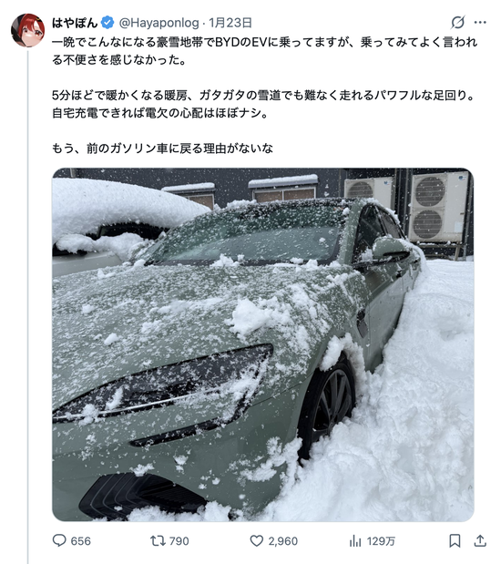 【画像】EV（電気自動車）豪雪地帯でも余裕だったｗｗｗ
