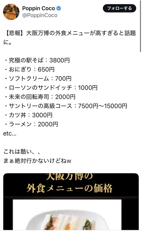 【画像】大阪万博「駅そば3800円。おにぎり650円。ソフトクリーム700円。カツ丼3000円でお待ちしております」