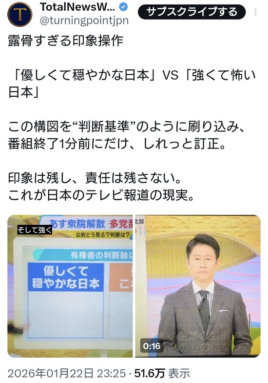 【画像】MBSの露骨すぎる印象操作「優しくて穏やかな日本」VS「強くて怖い日本」しれっと訂正ｗｗｗ