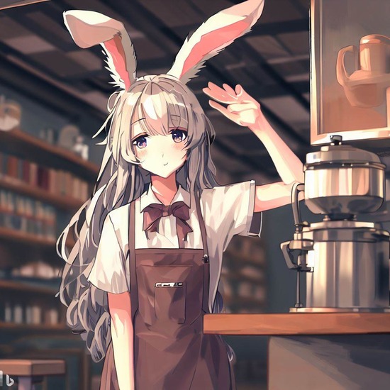 【AI画像】カフェ、頭の上にウサギ、中学生、ロングヘア、エプロン、コーヒーサイフォン→AI