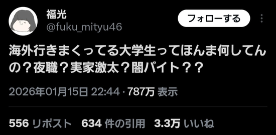 【画像】女｢海外行きまくってる大学生って何してんの？夜職？実家激太？｣ 学生｢頭の構造が違う｣