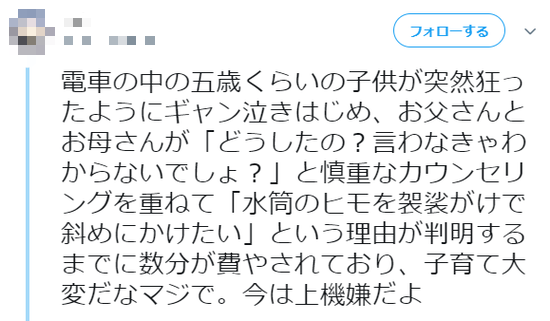 電車の中で突然ギャン泣きした5歳児、両親の対応に「すごい」と6万いいねwww