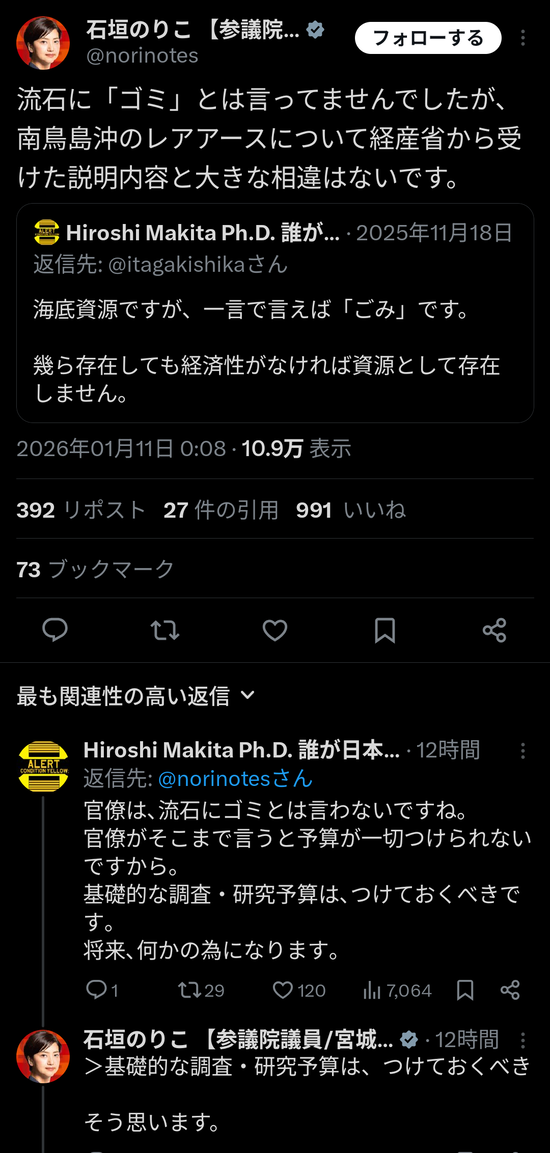 【画像】石垣のりこ議員「経産省に問い合わせたら南鳥島沖のレアアースで採算取るのは無理だと…」→炎上ｗｗｗ