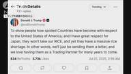 トランプ氏、日本へのコメ輸入拡大不満をSNSで表明