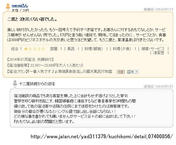 続報 群馬県草津町の老舗旅館 十二屋旅館が宿泊予約サイト じゃらん への批判の口コミを書いた客に反撃 非難の声に逆ギレ 盛り上がるのは結構 ご自由に 嫌中嫌韓疎にして藻等指す 続報 群馬県草津町の老舗旅館 十二屋旅館が宿泊予約サイト じゃらん への批判の口コミを書いた客に反撃 非難の声に逆ギレ 盛り上がるのは結構 ご自由に 嫌中嫌韓疎にして藻等指す