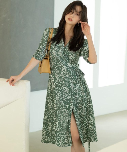 小花柄カシュクールラップワンピース