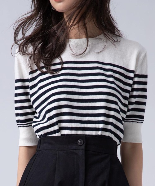 バイカラーボーダーコットンニットプルオーバー