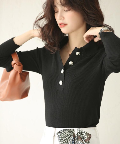 リブ編み襟付きニットプルオーバー